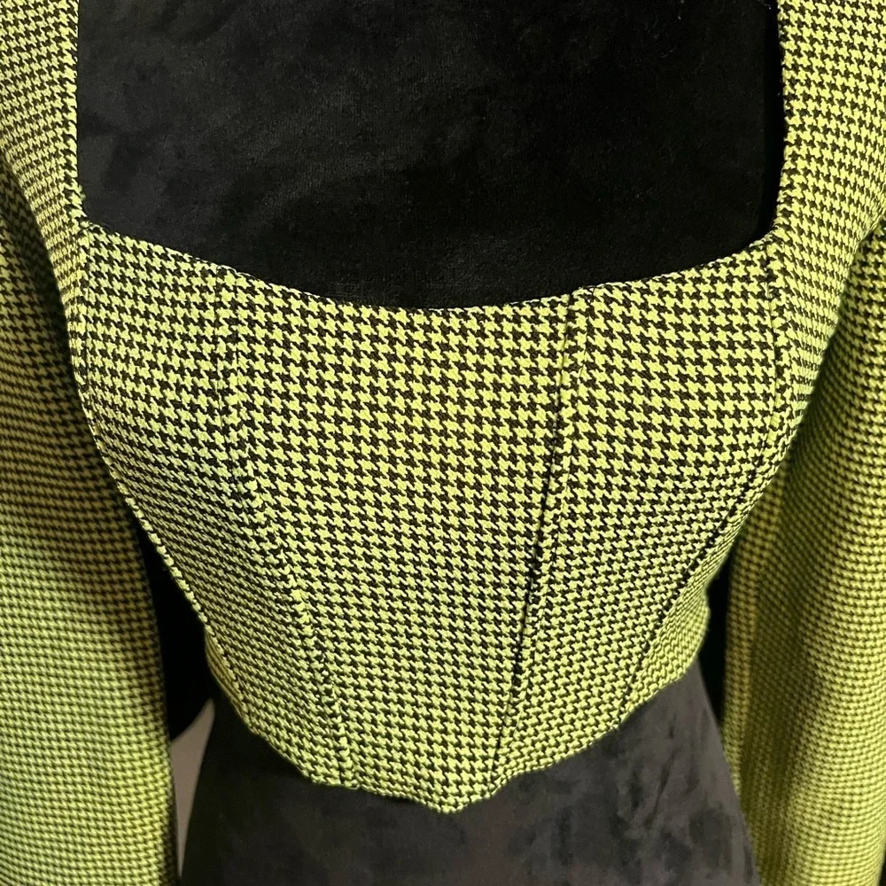 💚🖤NWT-ZARAHoundstooth Neon Green Crop Corset Bustier Long Sleeve Top Sz S💚🖤